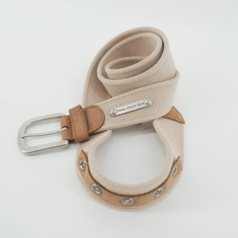 Fossil Web Belt Mens 36-38 Khaki Canvas Leather Utility Gear MB4064250